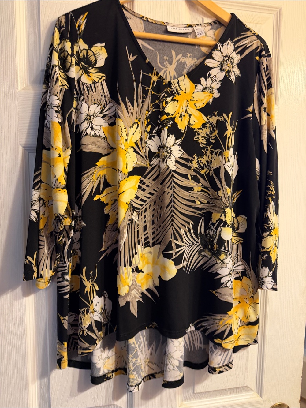 Susan Graver Black Floral Tunic with Yellow and White Accents